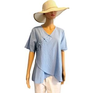 Vintage Linen Light Blue Asymmetrical Wrap Top, Women's Size M
